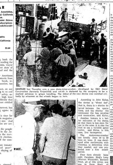 Newspaper page showing the unveiling of a K and K Metal Construction destemmer-crusher